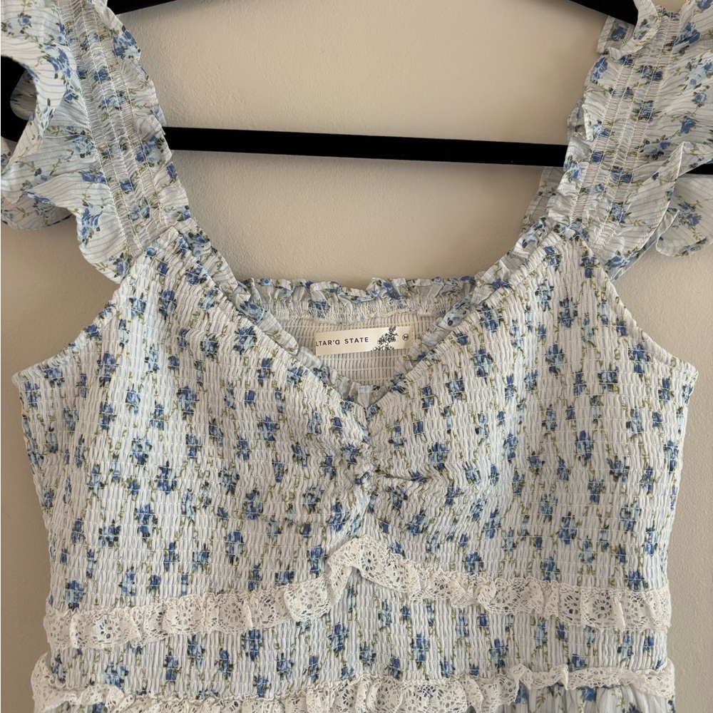Altar'd State White and Light Blue Floral Ruffle-Shoulder Mini Dres, Size M - Picture 3 of 6